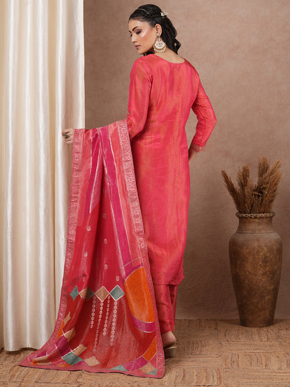 Solid Ethnic Floral Embroidered Straight Kurta with Pant & Dupatta - Peach