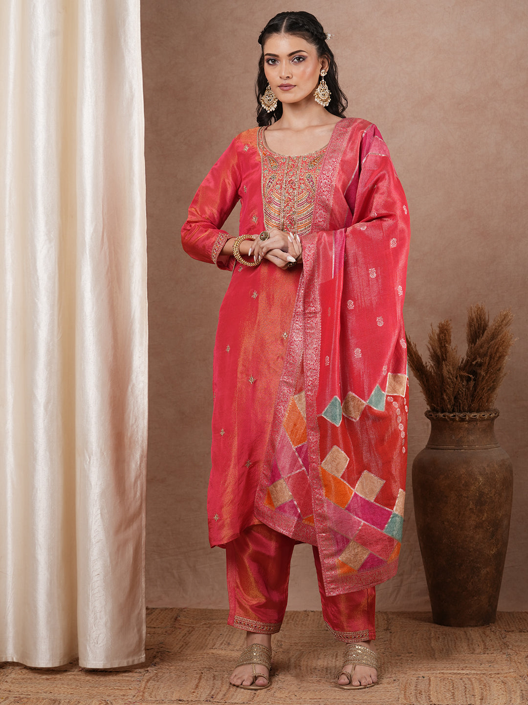 Solid Ethnic Floral Embroidered Straight Kurta with Pant & Dupatta - Peach