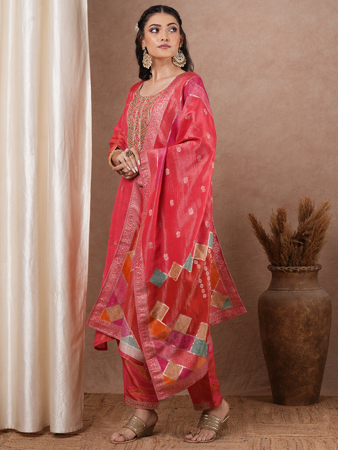 Solid Ethnic Floral Embroidered Straight Kurta with Pant & Dupatta - Peach