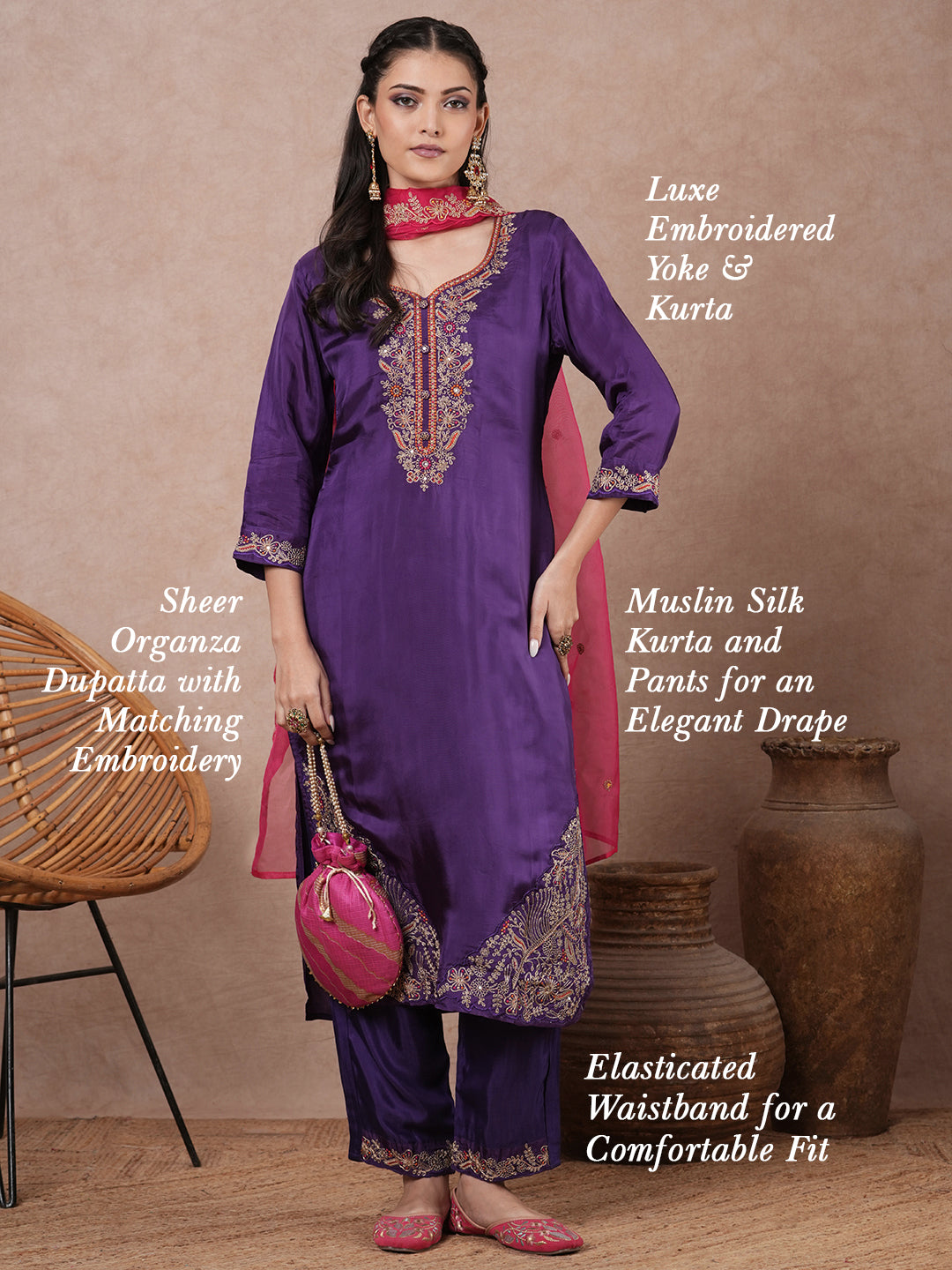 Solid Floral Embroidered Straight Fit Kurta with Pant and Dupatta - Purple