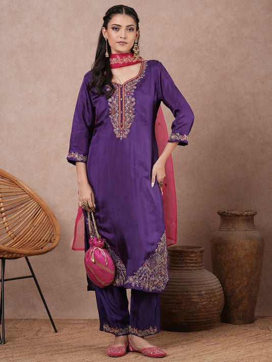 Solid Floral Embroidered Straight Fit Kurta with Pant and Dupatta - Purple