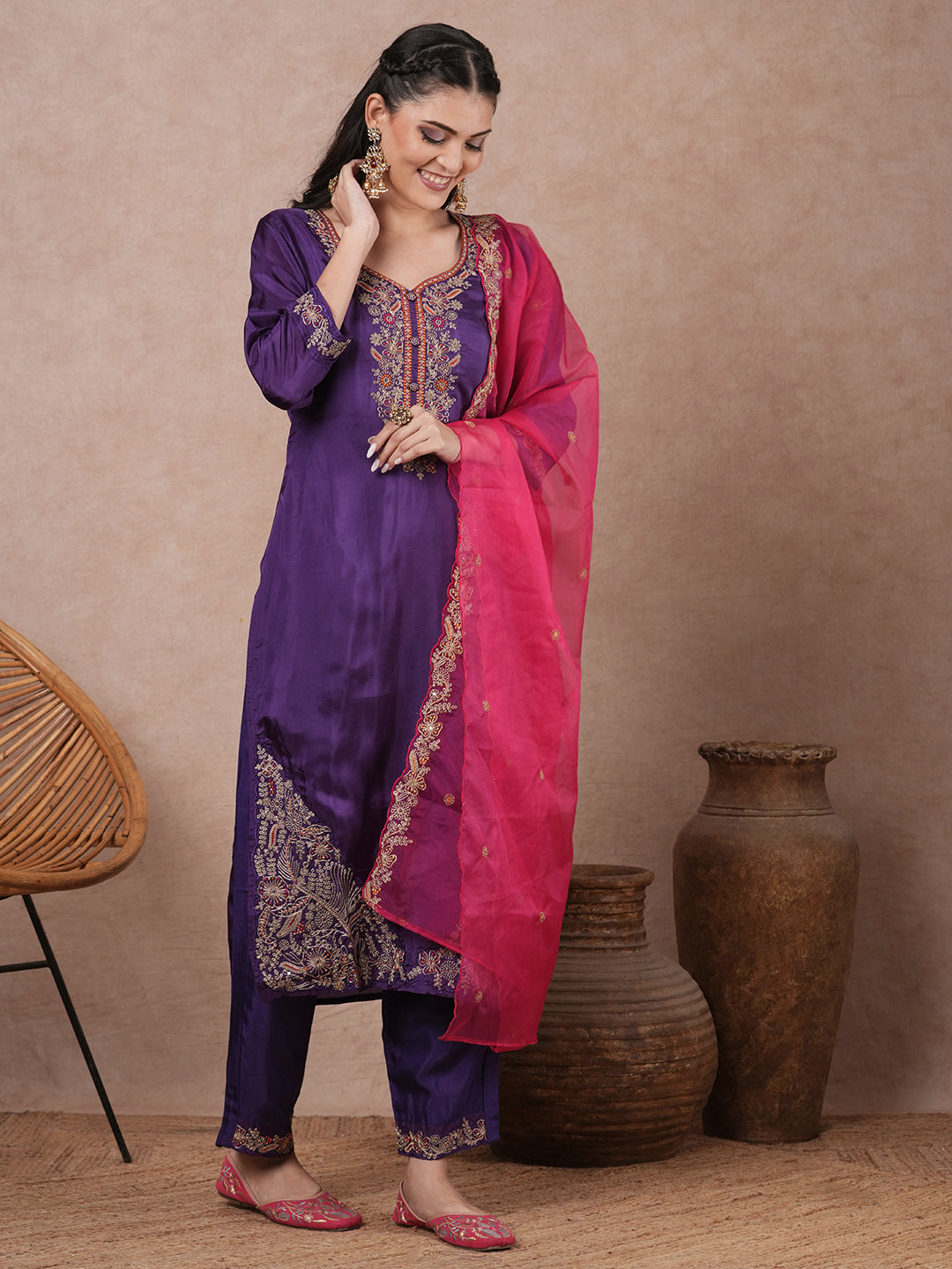 Solid Floral Embroidered Straight Fit Kurta with Pant and Dupatta - Purple