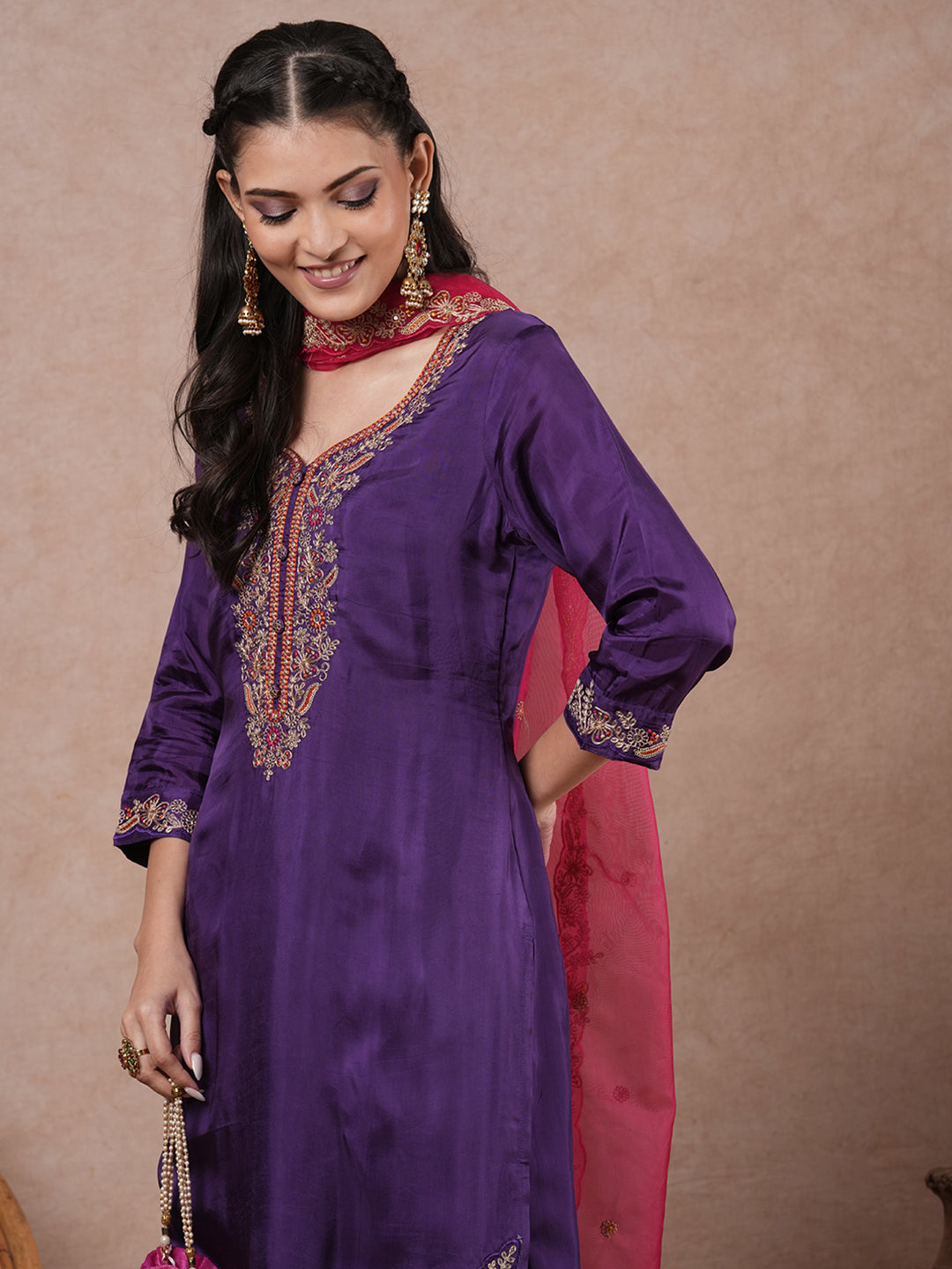 Solid Floral Embroidered Straight Fit Kurta with Pant and Dupatta - Purple