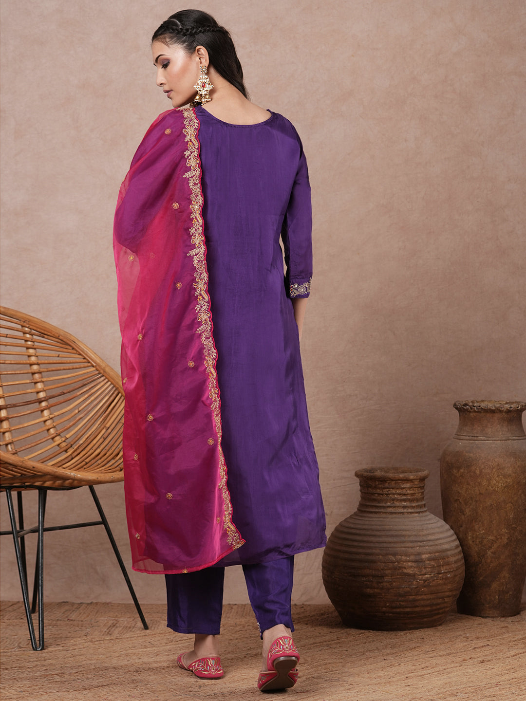 Solid Floral Embroidered Straight Fit Kurta with Pant and Dupatta - Purple