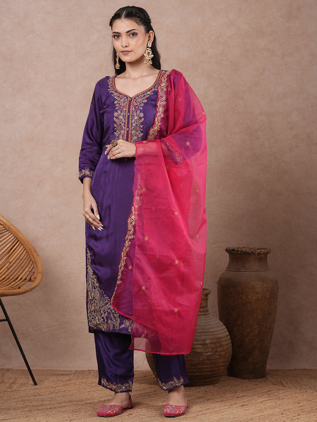 Solid Floral Embroidered Straight Fit Kurta with Pant and Dupatta - Purple