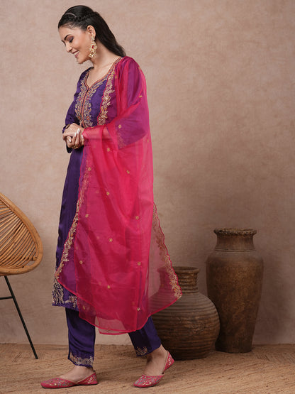 Solid Floral Embroidered Straight Fit Kurta with Pant and Dupatta - Purple