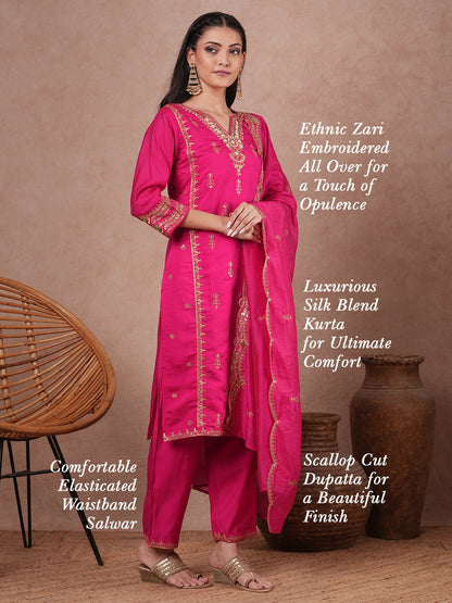 Solid Ethnic Zari Embroidered Straight Kurta with Salwar & Dupatta - Pink