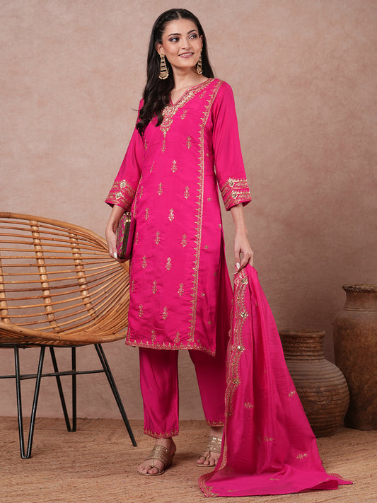 Solid Ethnic Zari Embroidered Straight Kurta with Salwar & Dupatta - Pink