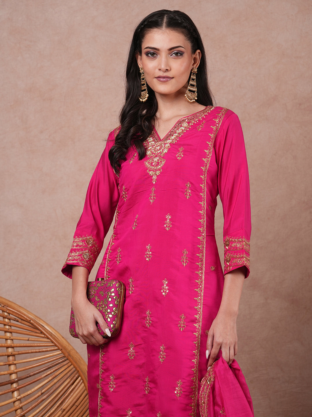 Solid Ethnic Zari Embroidered Straight Kurta with Salwar & Dupatta - Pink