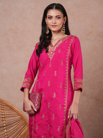 Solid Ethnic Zari Embroidered Straight Kurta with Salwar & Dupatta - Pink