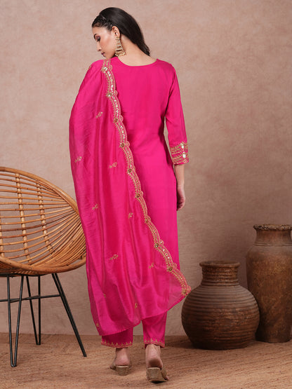 Solid Ethnic Zari Embroidered Straight Kurta with Salwar & Dupatta - Pink