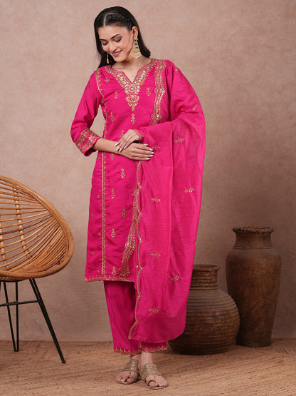 Solid Ethnic Zari Embroidered Straight Kurta with Salwar & Dupatta - Pink