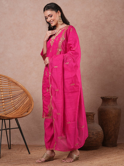 Solid Ethnic Zari Embroidered Straight Kurta with Salwar & Dupatta - Pink