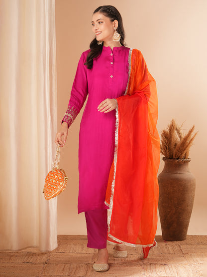 Solid Embroidered Straight Kurta with Pant & Colorblocked Dupatta - Pink