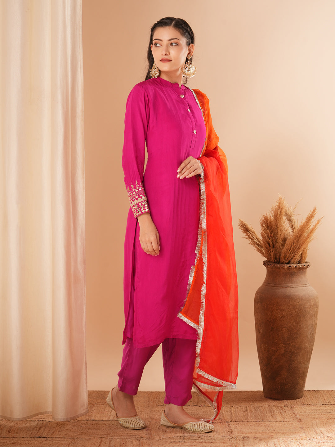 Solid Embroidered Straight Kurta with Pant & Colorblocked Dupatta - Pink