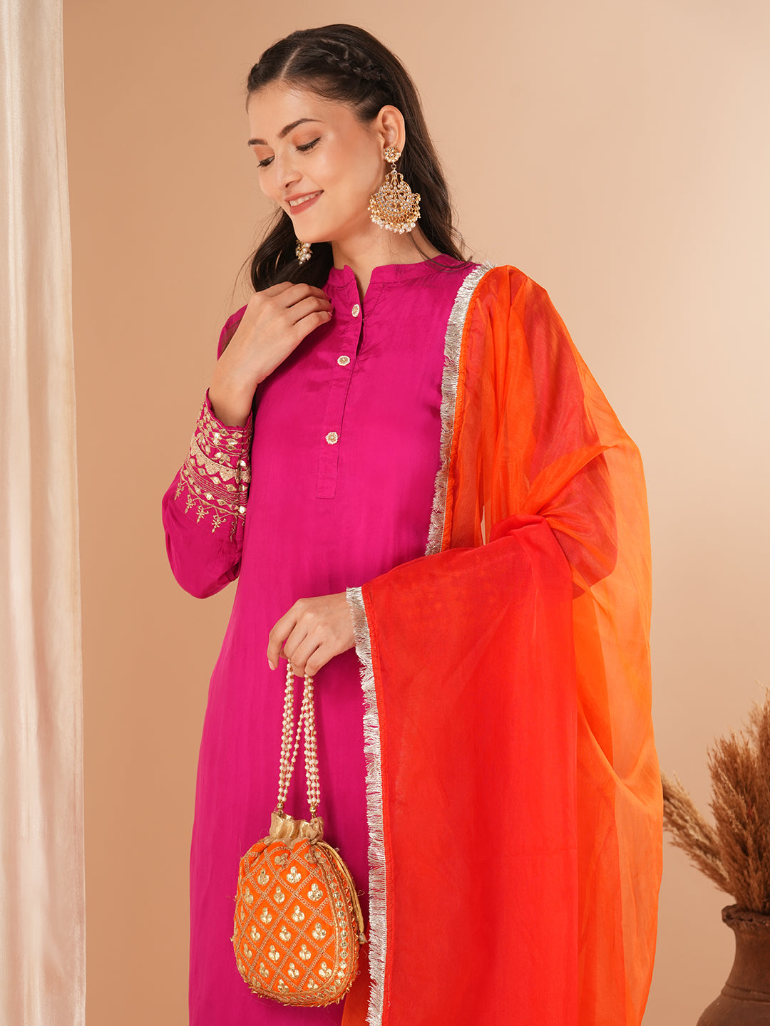 Solid Embroidered Straight Kurta with Pant & Colorblocked Dupatta - Pink