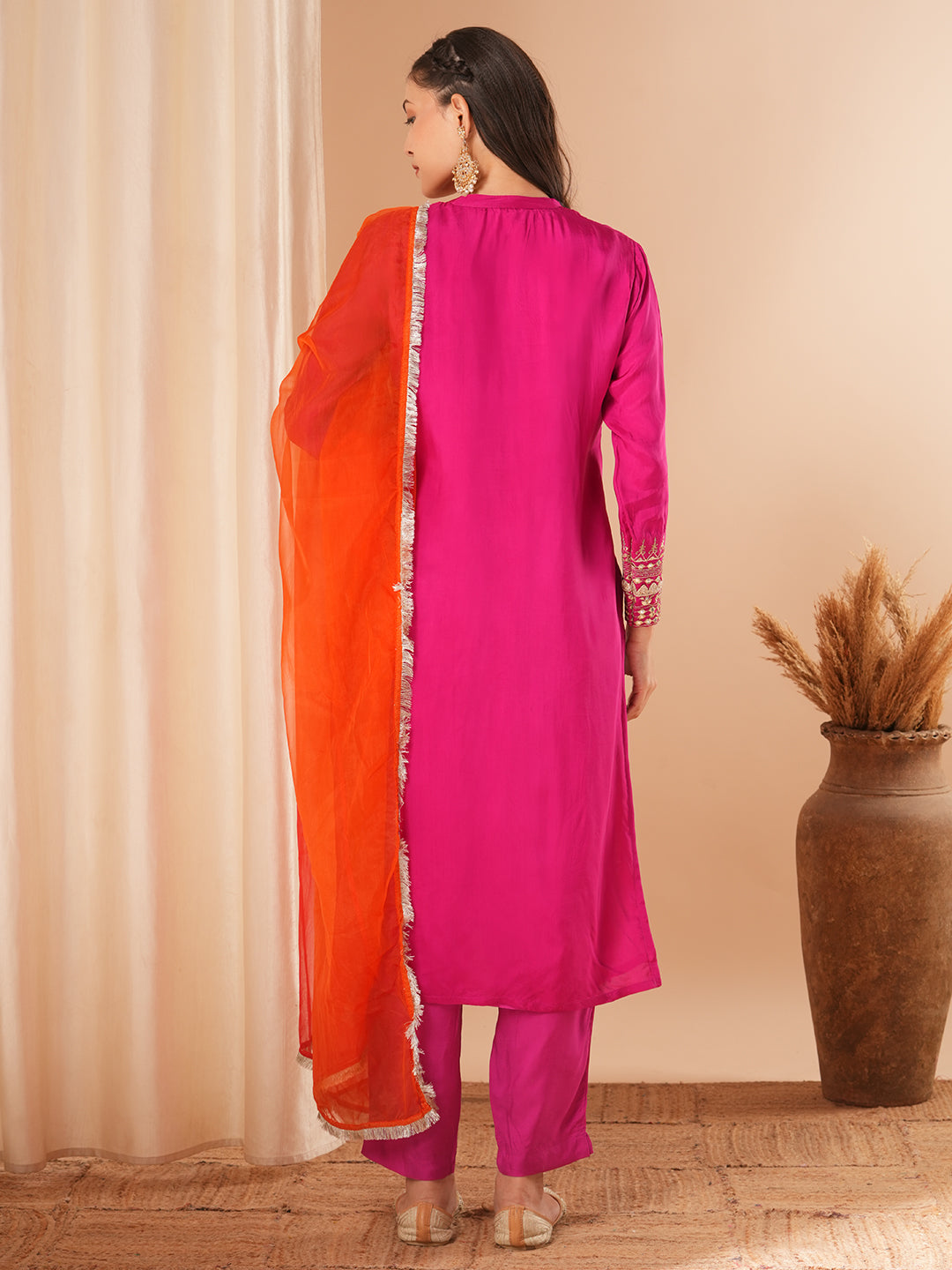 Solid Embroidered Straight Kurta with Pant & Colorblocked Dupatta - Pink