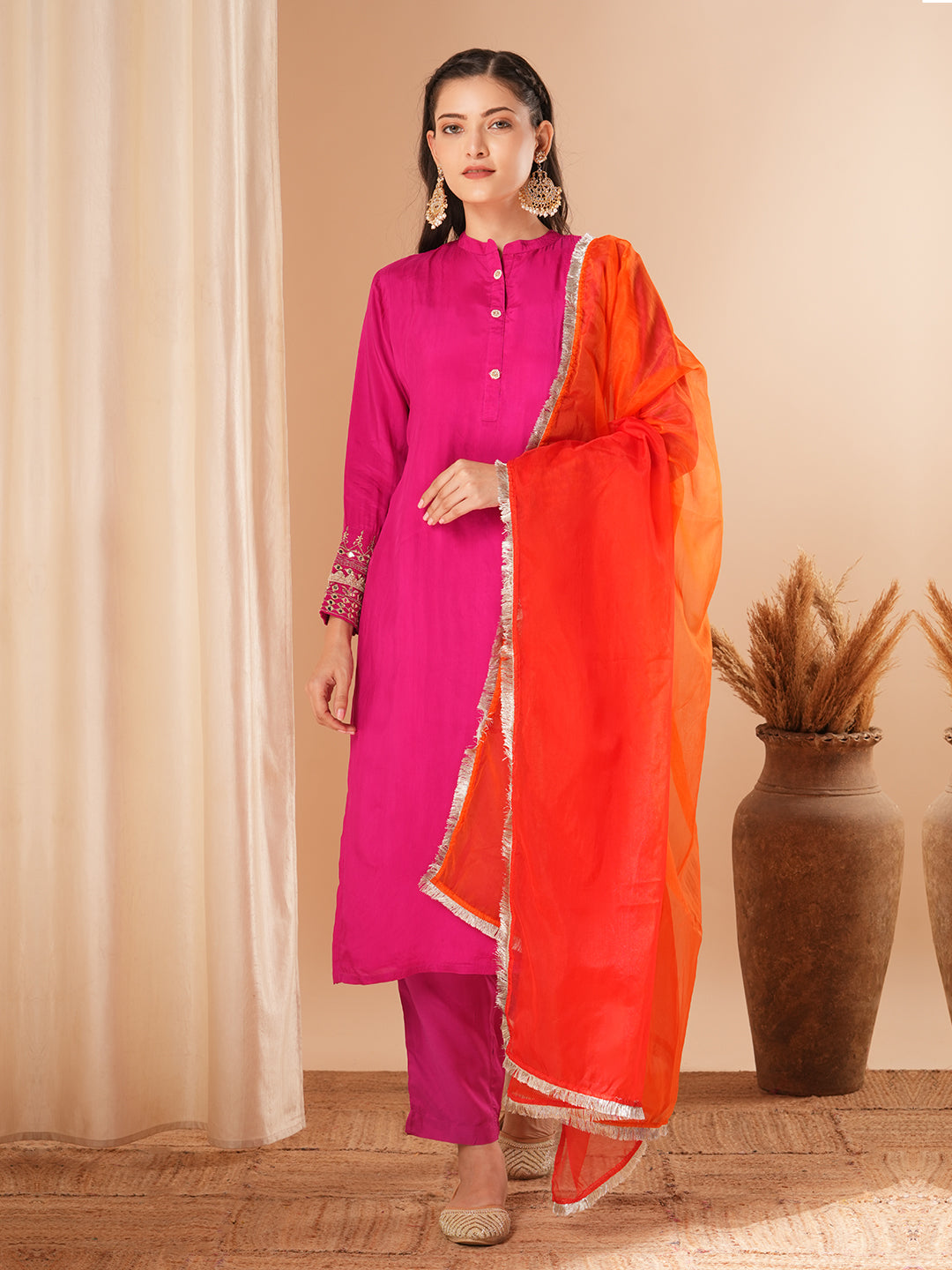 Solid Embroidered Straight Kurta with Pant & Colorblocked Dupatta - Pink