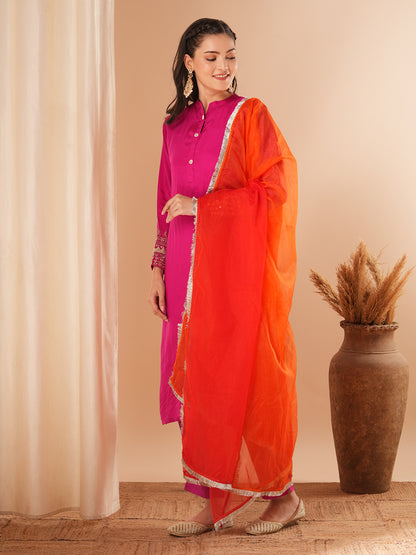 Solid Embroidered Straight Kurta with Pant & Colorblocked Dupatta - Pink