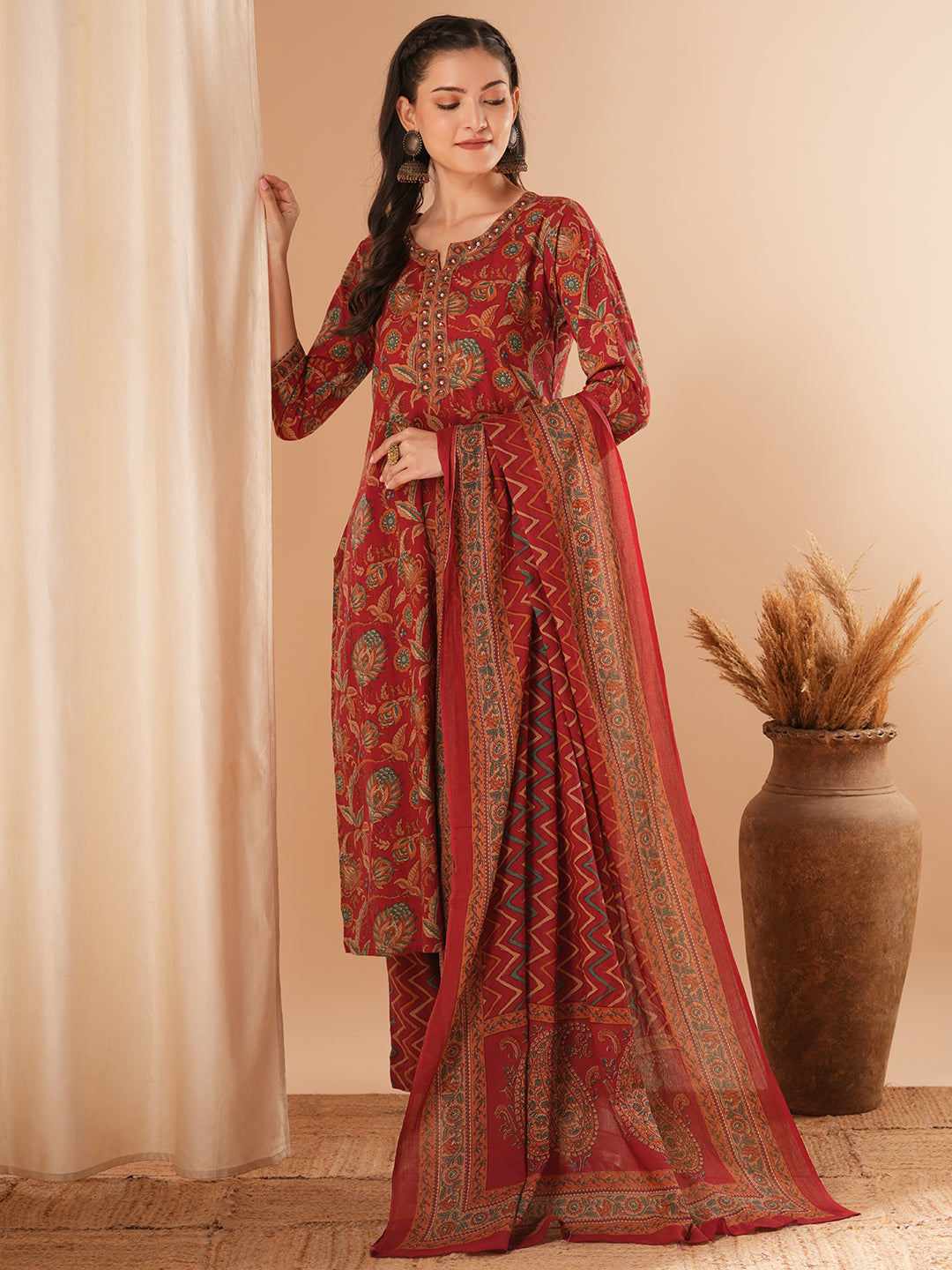 Floral Printed & Embroidered Straight Kurta with Pant & Dupatta - Maroon