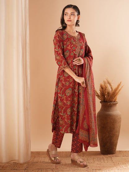 Floral Printed & Embroidered Straight Kurta with Pant & Dupatta - Maroon