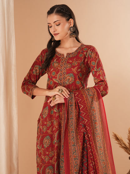 Floral Printed & Embroidered Straight Kurta with Pant & Dupatta - Maroon