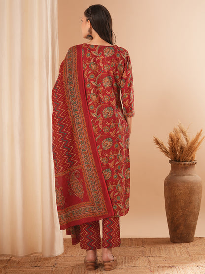 Floral Printed & Embroidered Straight Kurta with Pant & Dupatta - Maroon