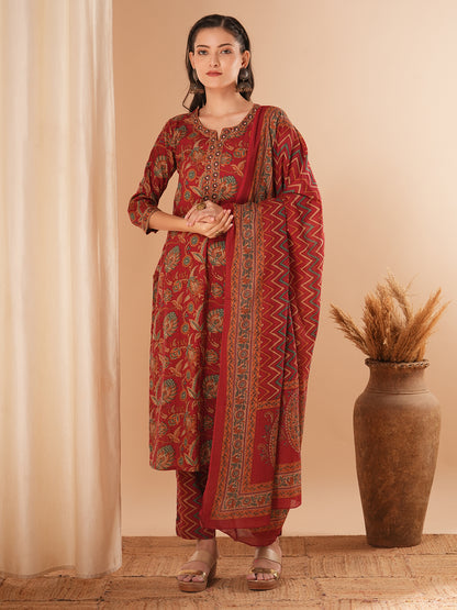 Floral Printed & Embroidered Straight Kurta with Pant & Dupatta - Maroon