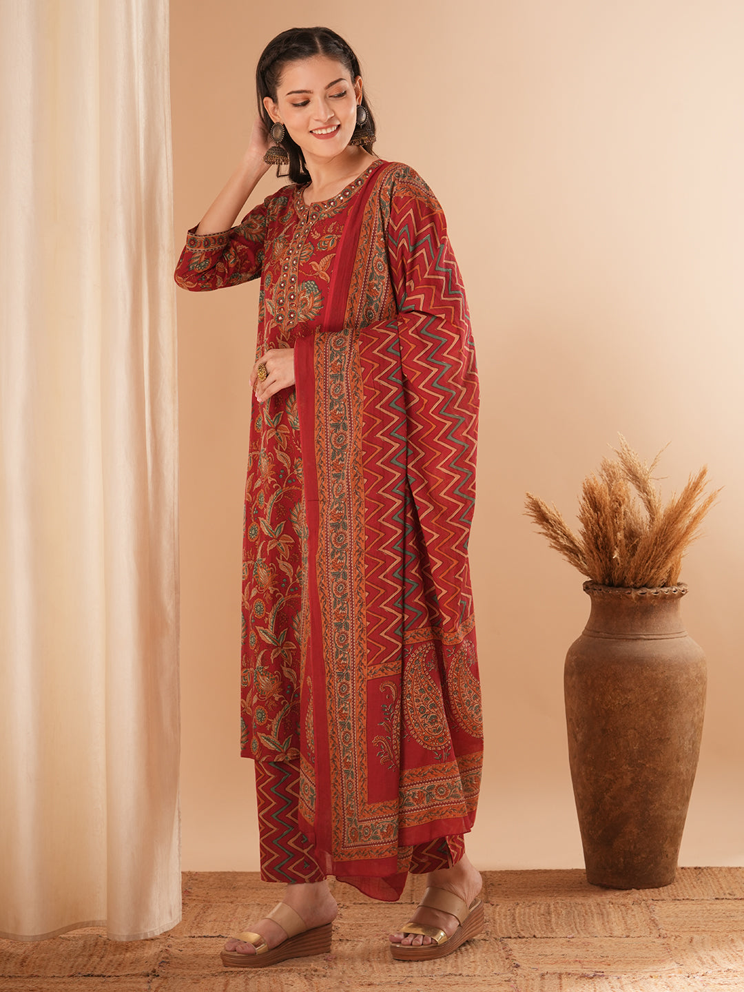 Floral Printed & Embroidered Straight Kurta with Pant & Dupatta - Maroon