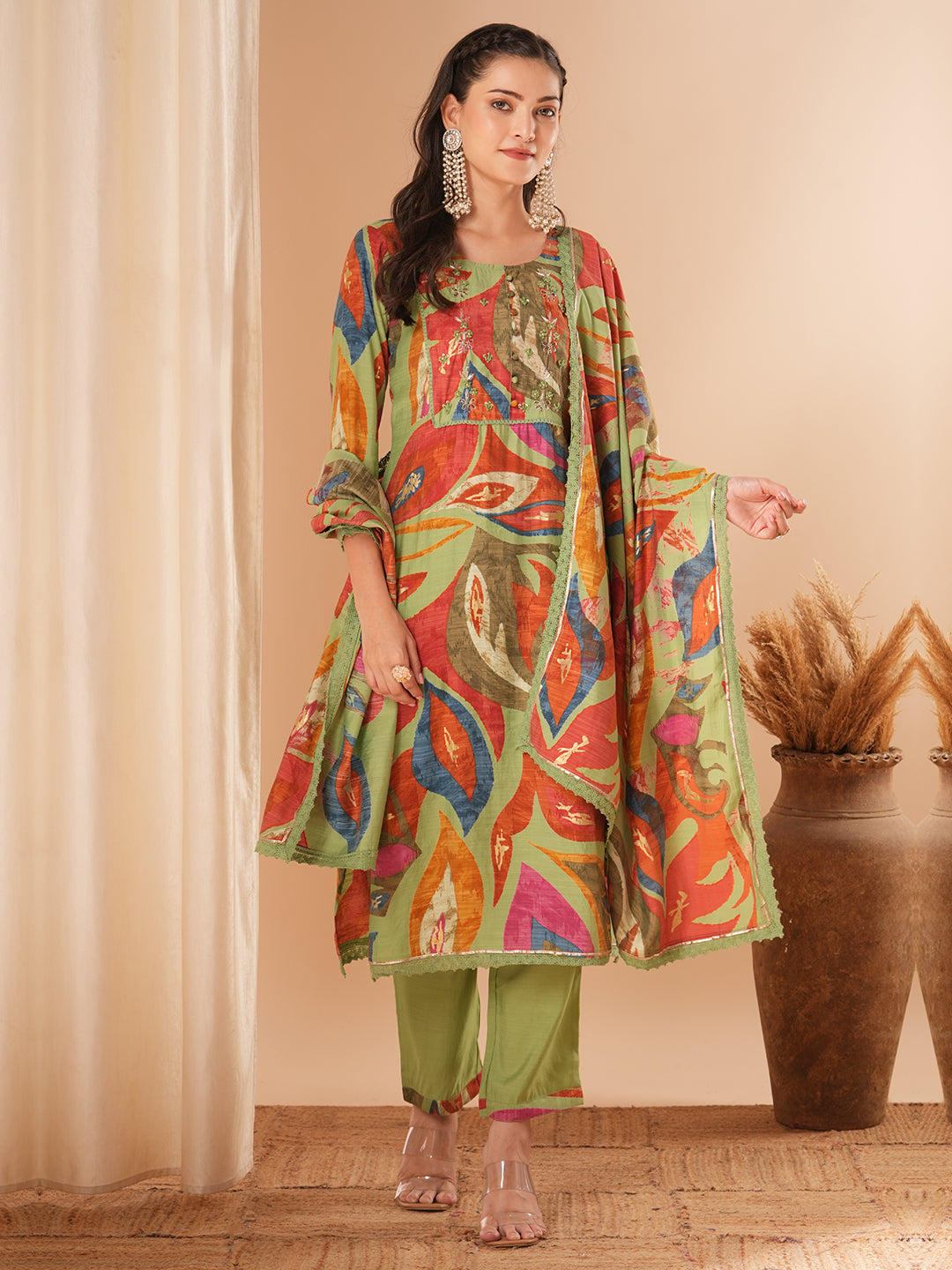 Floral Printed & Embroidered Straight Kurta with Pant & Dupatta - Green