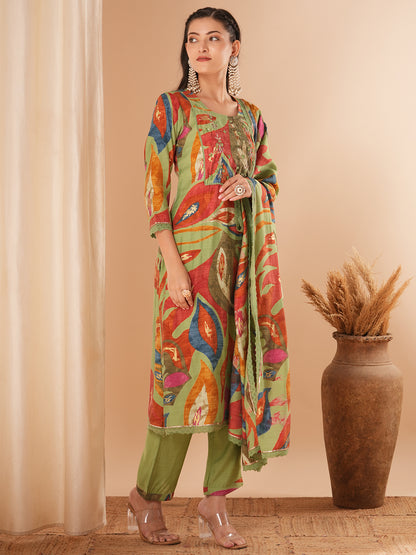 Floral Printed & Embroidered Straight Kurta with Pant & Dupatta - Green