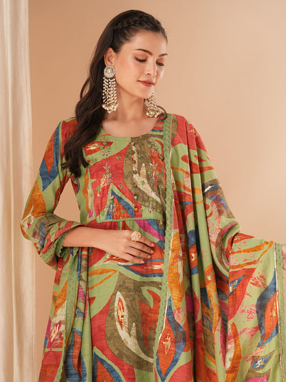 Floral Printed & Embroidered Straight Kurta with Pant & Dupatta - Green