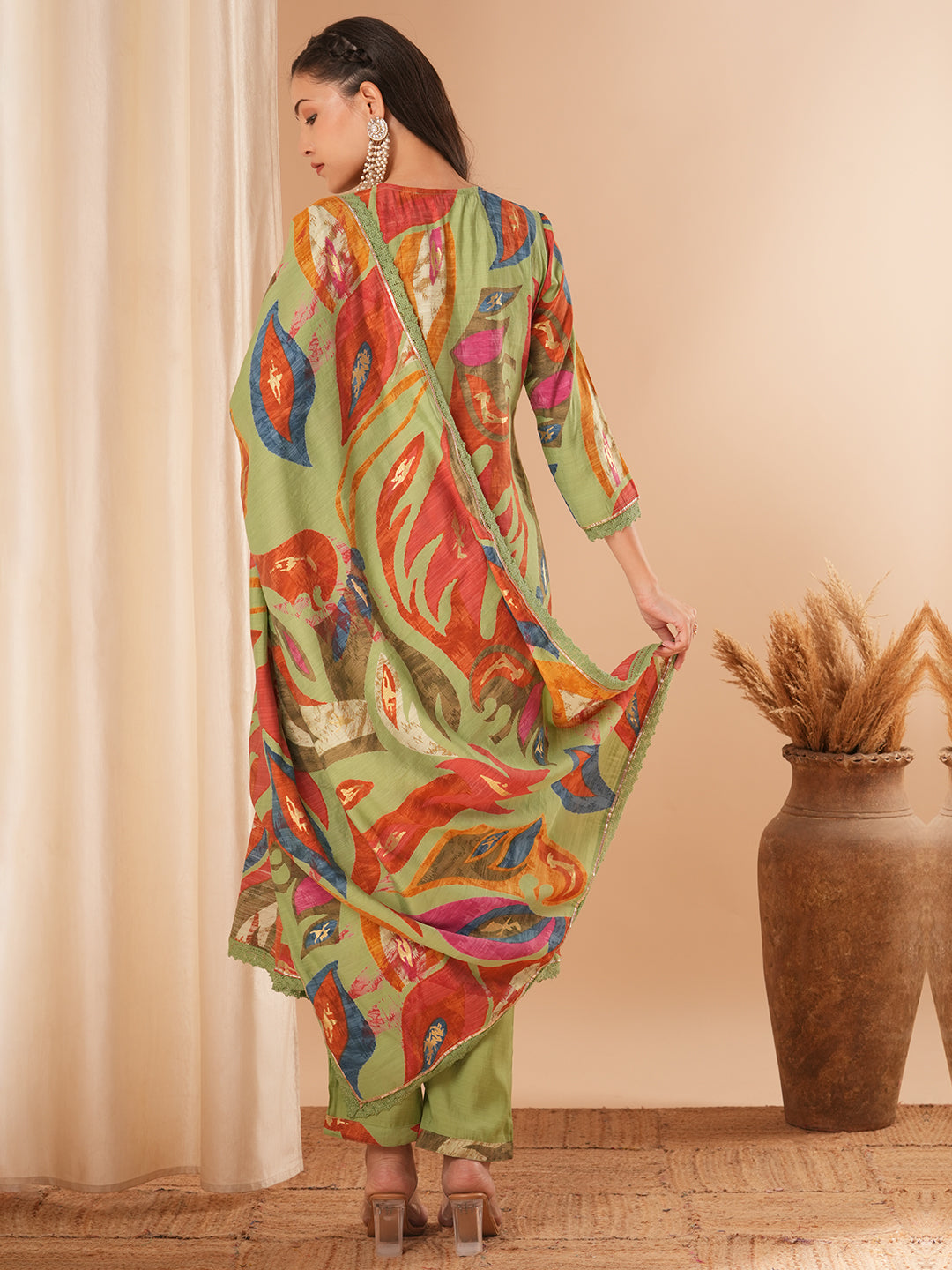 Floral Printed & Embroidered Straight Kurta with Pant & Dupatta - Green