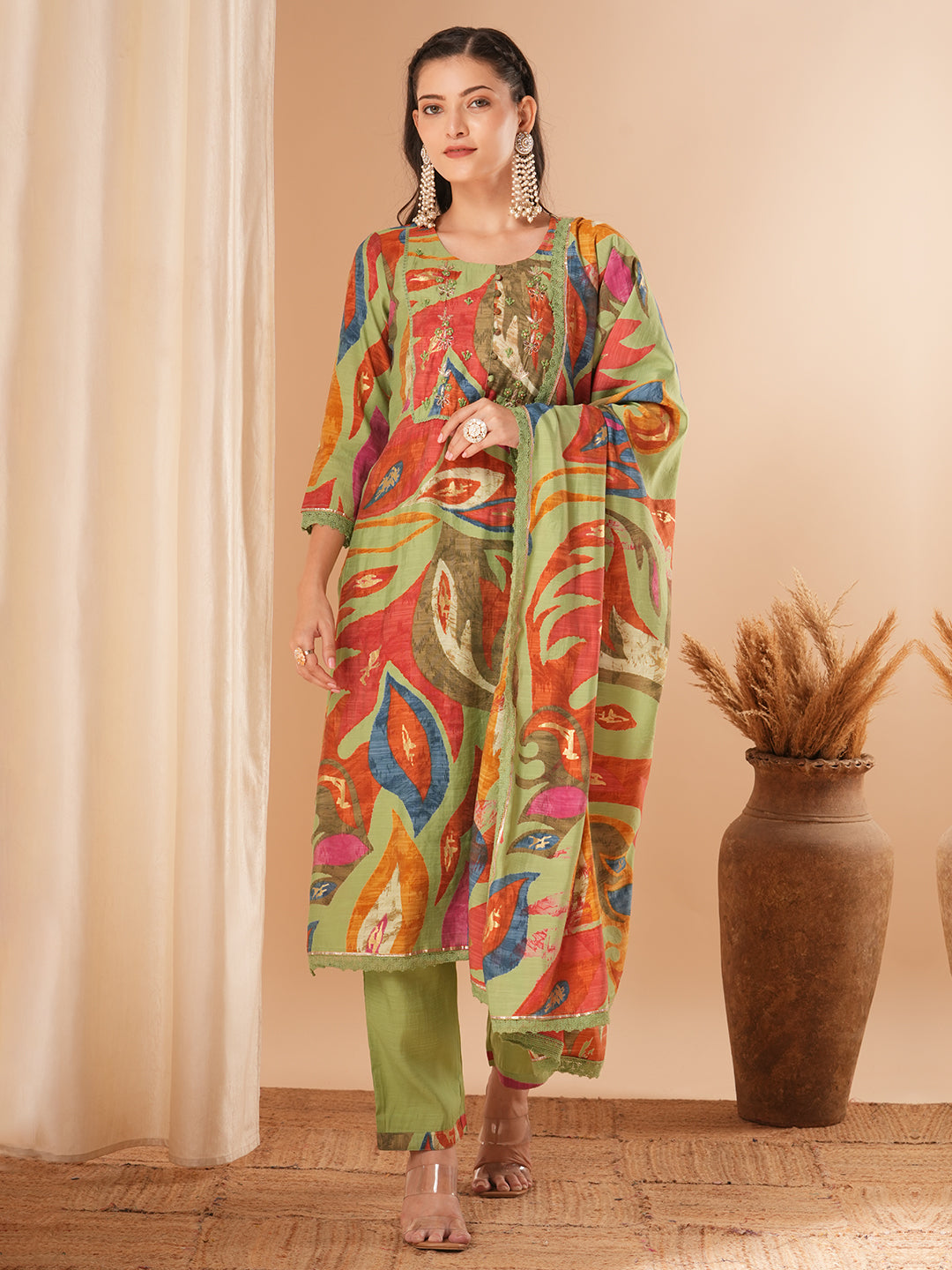 Floral Printed & Embroidered Straight Kurta with Pant & Dupatta - Green