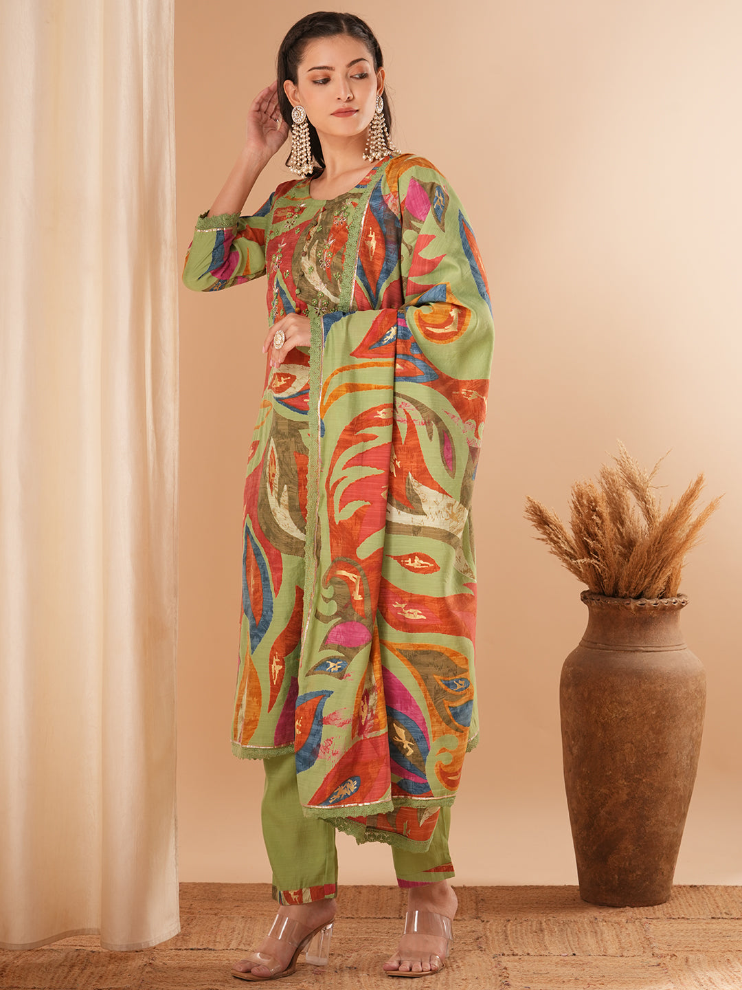 Floral Printed & Embroidered Straight Kurta with Pant & Dupatta - Green