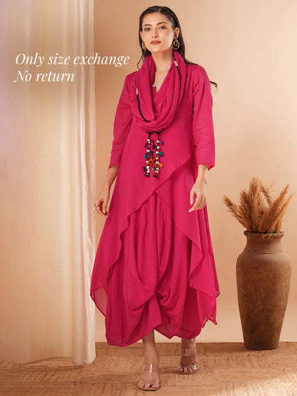 Solid Layered Cowl Maxi Dress with Button Embellished Cowl Stole - Pink