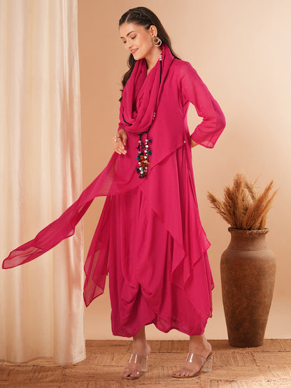 Solid Layered Cowl Maxi Dress with Button Embellished Cowl Stole - Pink