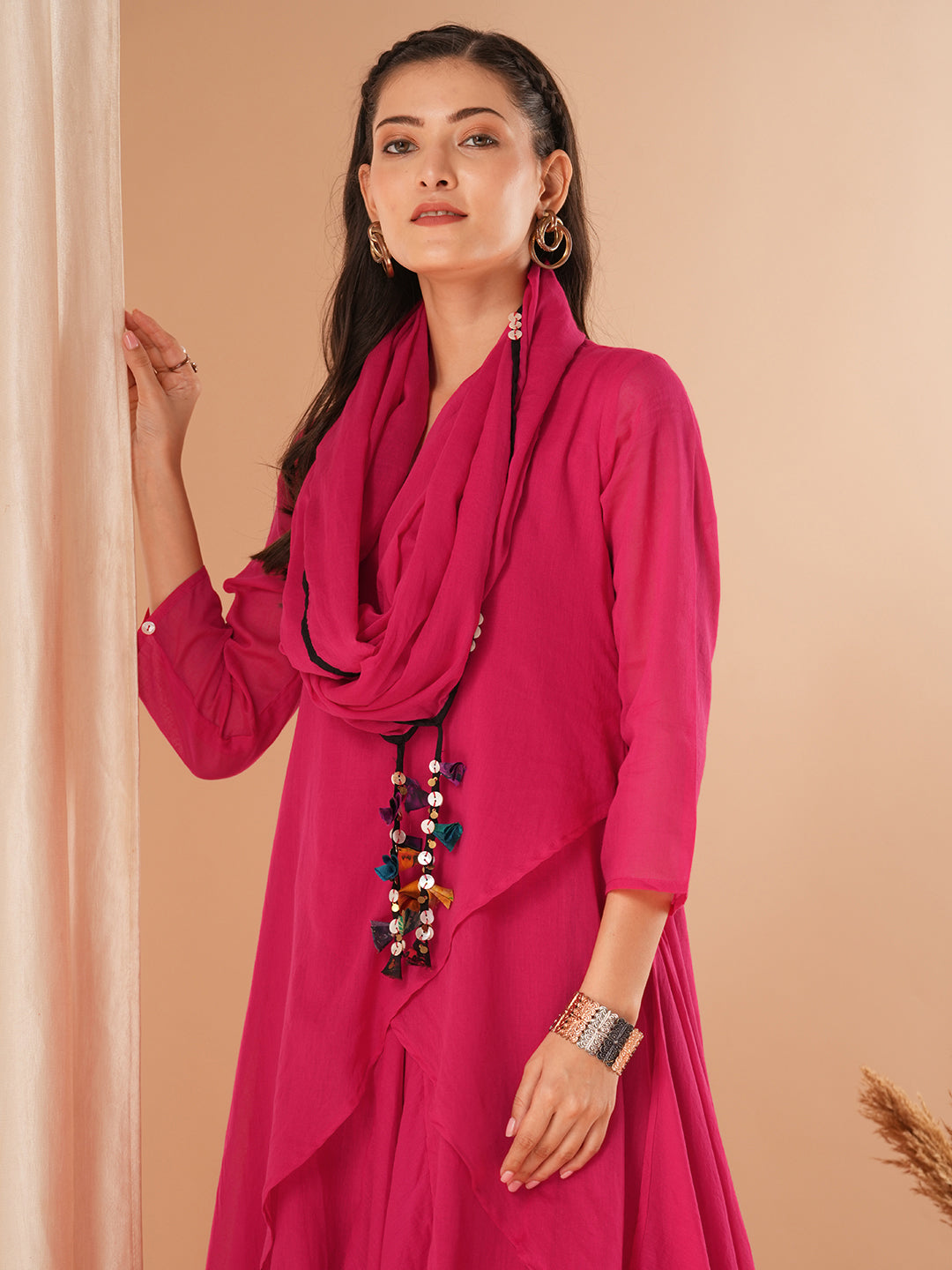 Solid Layered Cowl Maxi Dress with Button Embellished Cowl Stole - Pink