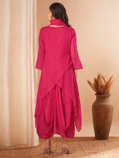 Solid Layered Cowl Maxi Dress with Button Embellished Cowl Stole - Pink