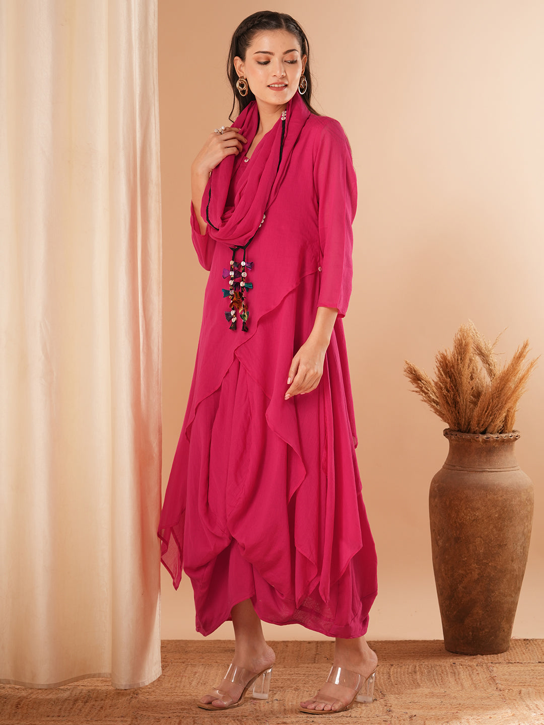 Solid Layered Cowl Maxi Dress with Button Embellished Cowl Stole - Pink