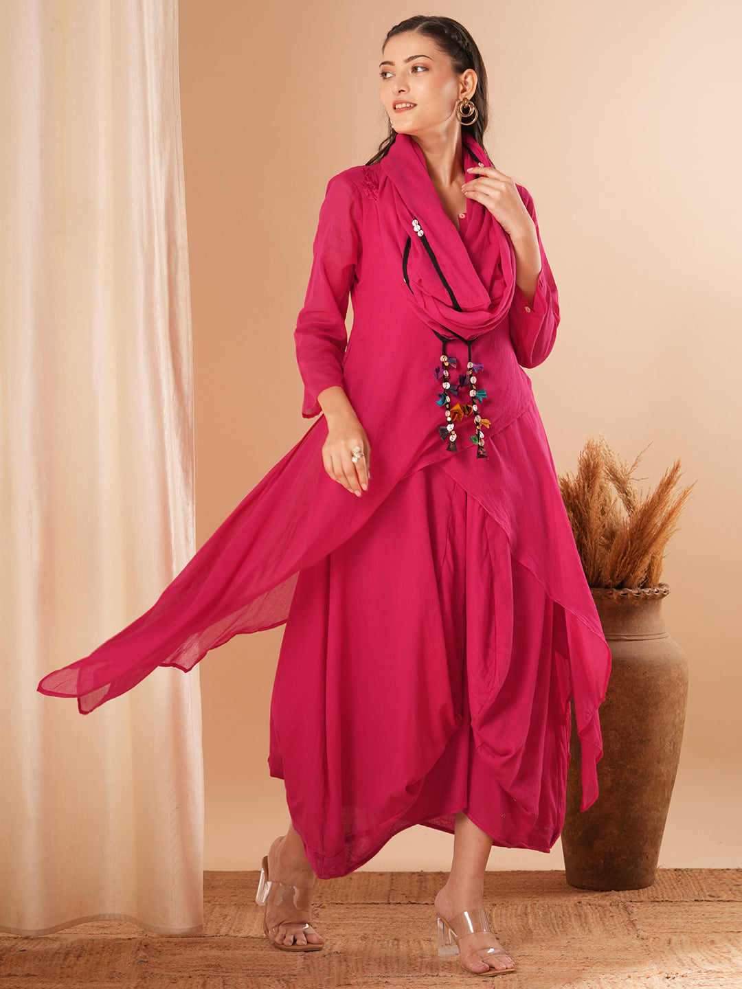 Solid Layered Cowl Maxi Dress with Button Embellished Cowl Stole - Pink