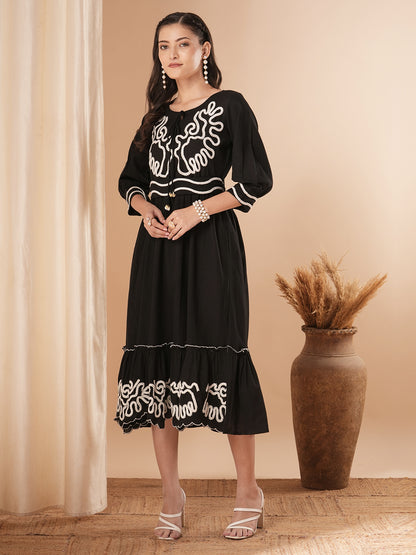 Solid Ethnic Thread Embroidered A-Line Pleated Midi Dress with Belt - Black