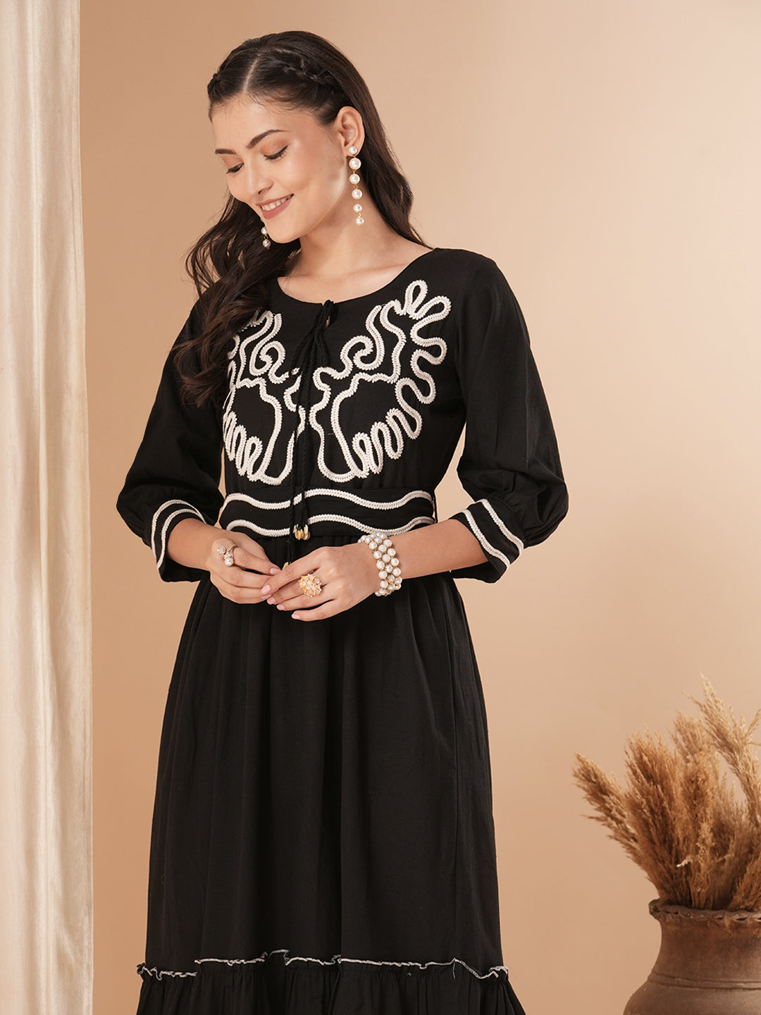 Solid Ethnic Thread Embroidered A-Line Pleated Midi Dress with Belt - Black