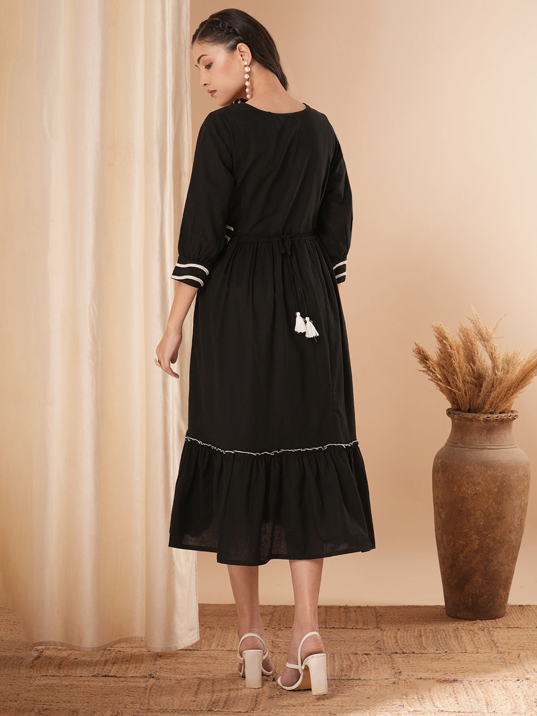 Solid Ethnic Thread Embroidered A-Line Pleated Midi Dress with Belt - Black