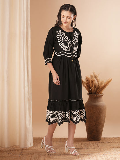 Solid Ethnic Thread Embroidered A-Line Pleated Midi Dress with Belt - Black