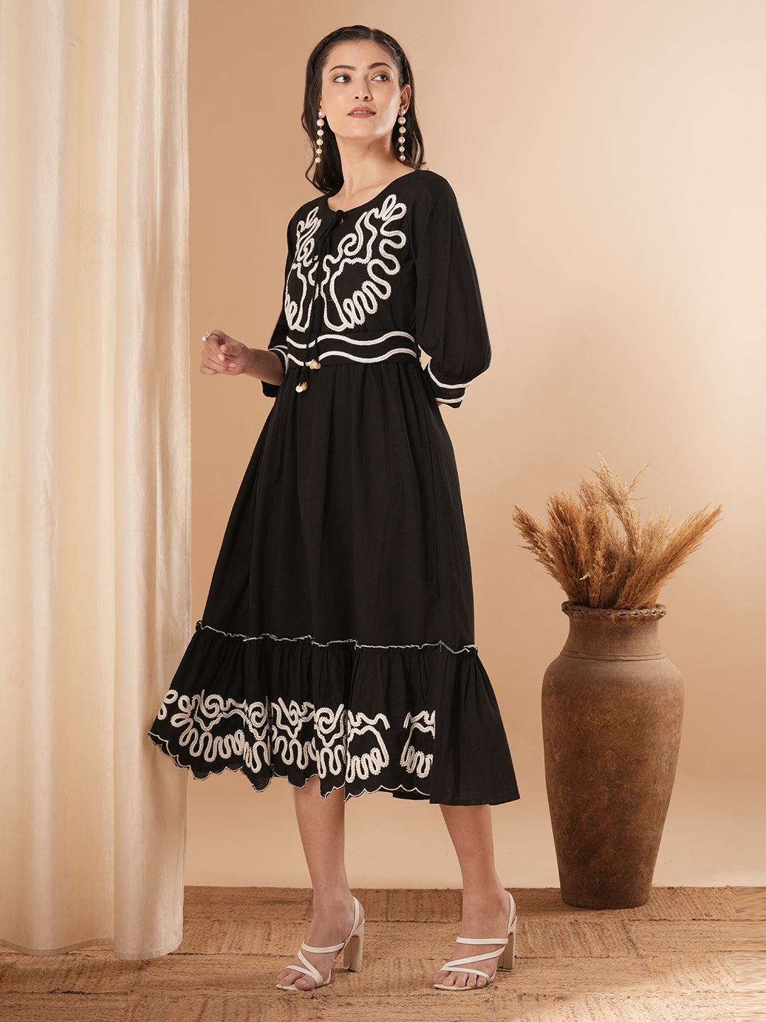 Solid Ethnic Thread Embroidered A-Line Pleated Midi Dress with Belt - Black