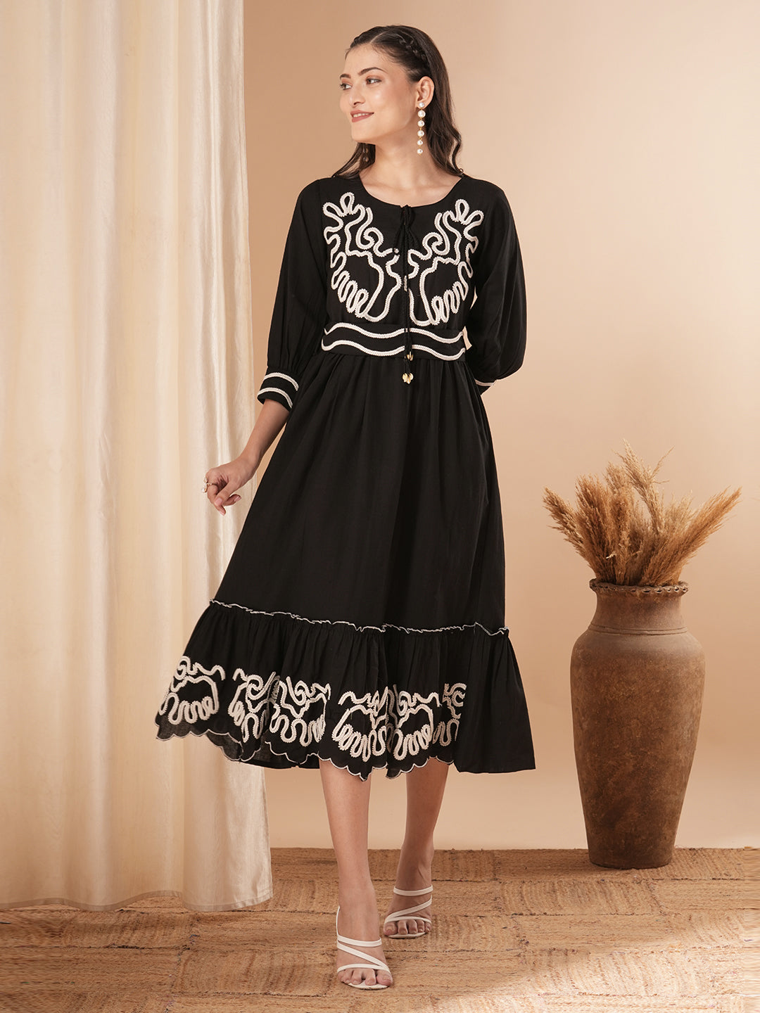 Solid Ethnic Thread Embroidered A-Line Pleated Midi Dress with Belt - Black