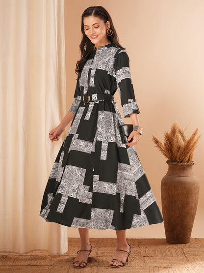 Ethnic Geometric Printed A-Line Flared Midi Dress with Belt - Dark Green