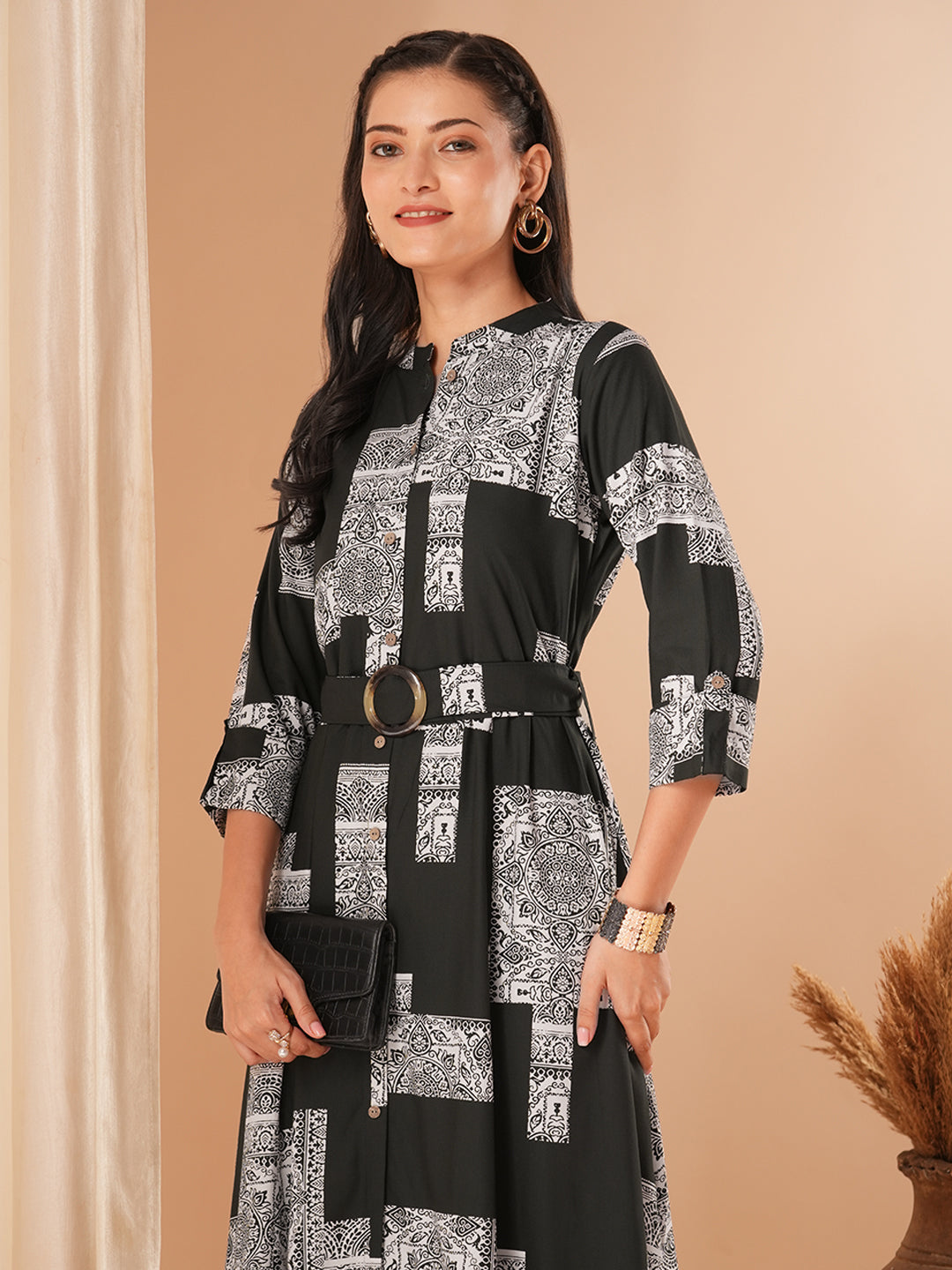 Ethnic Geometric Printed A-Line Flared Midi Dress with Belt - Dark Green