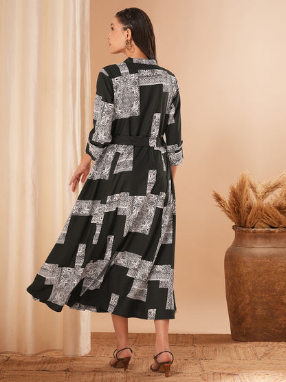 Ethnic Geometric Printed A-Line Flared Midi Dress with Belt - Dark Green